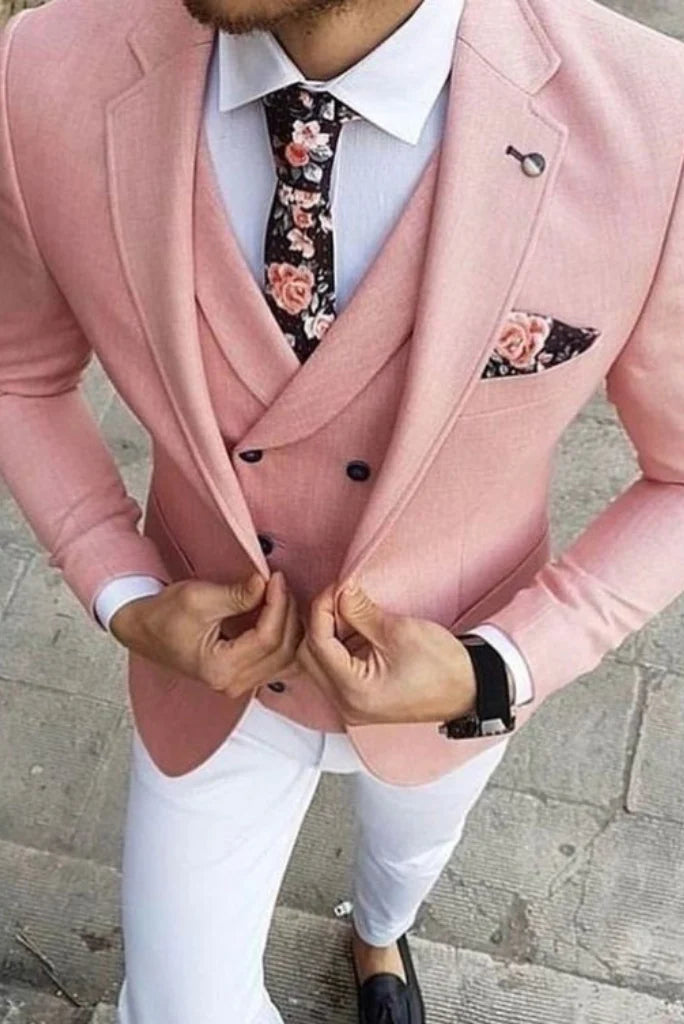 peach and white three piece suit for men-Front