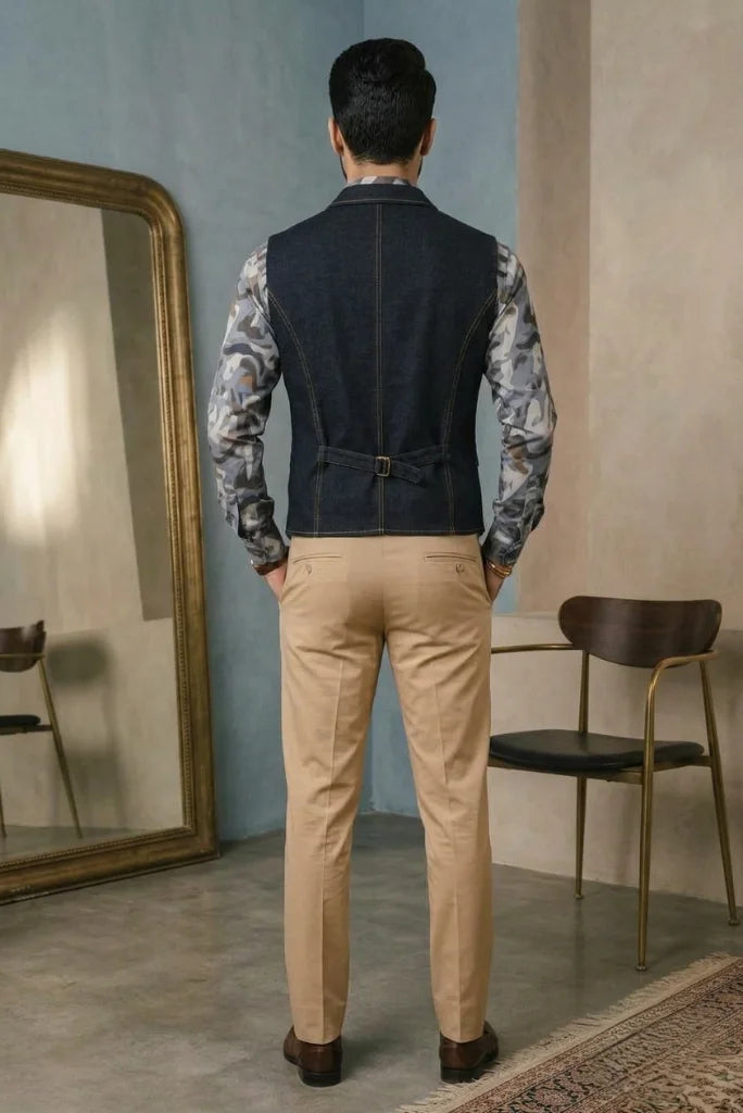 Navy blue tweed double breasted waistcoat for men online in India. back view