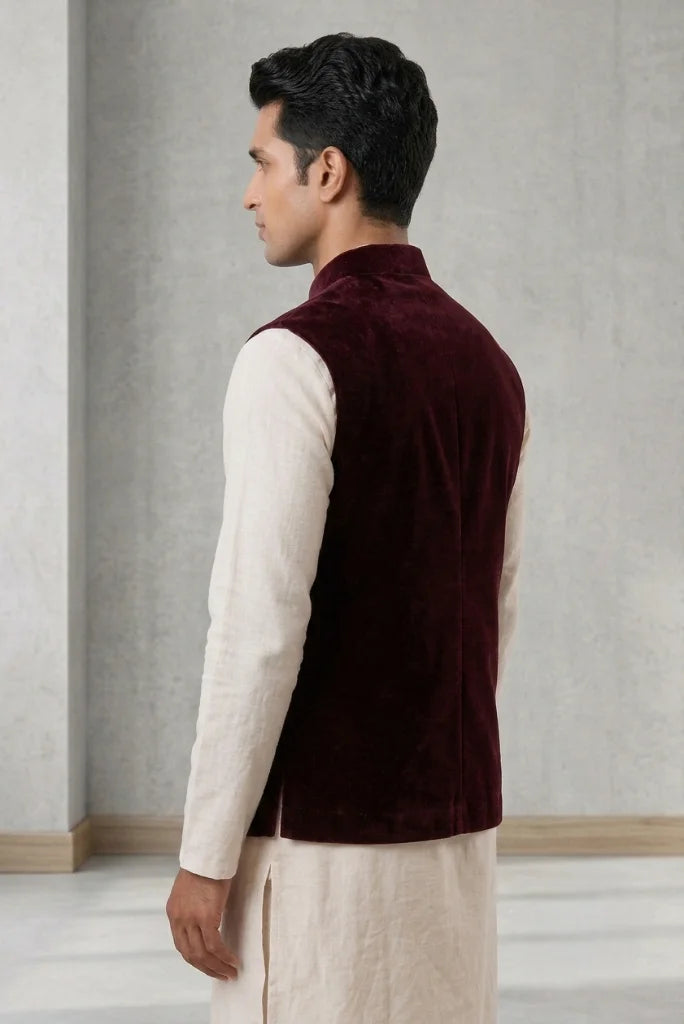 wine_Modi_jacket_wedding_waistcoat_for_men_velvet_Nehru_jacket
